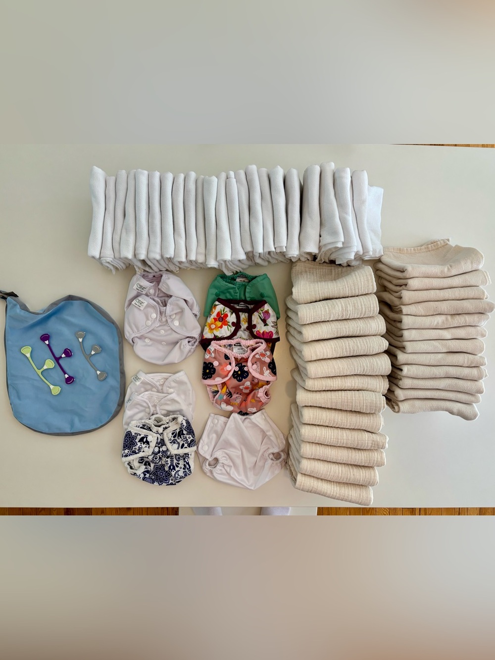 PREPPED BUT NEVER USED 47 flat cloth diapers, 9 covers, 3 snappi, and a wet bag